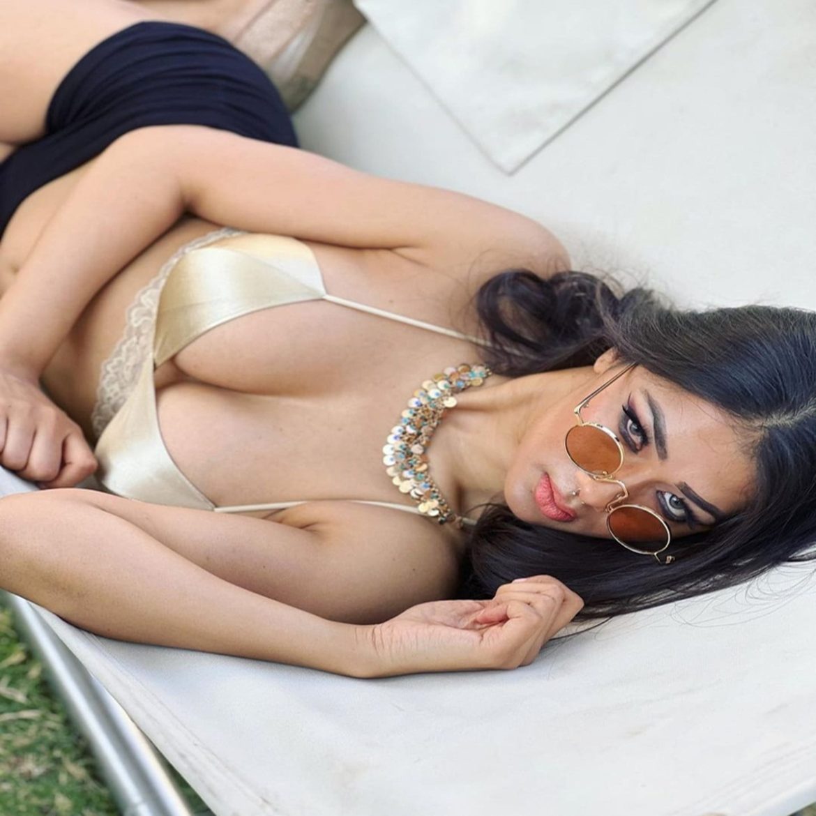 Namrata Malla looks seductive in a golden hot bralette